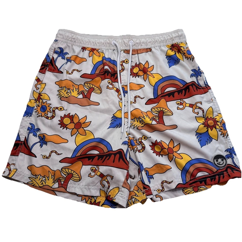 NEFF Sz L Retro Swim Shorts Trippy Festival rainbow mushrooms snakes‎ Hawaiian
